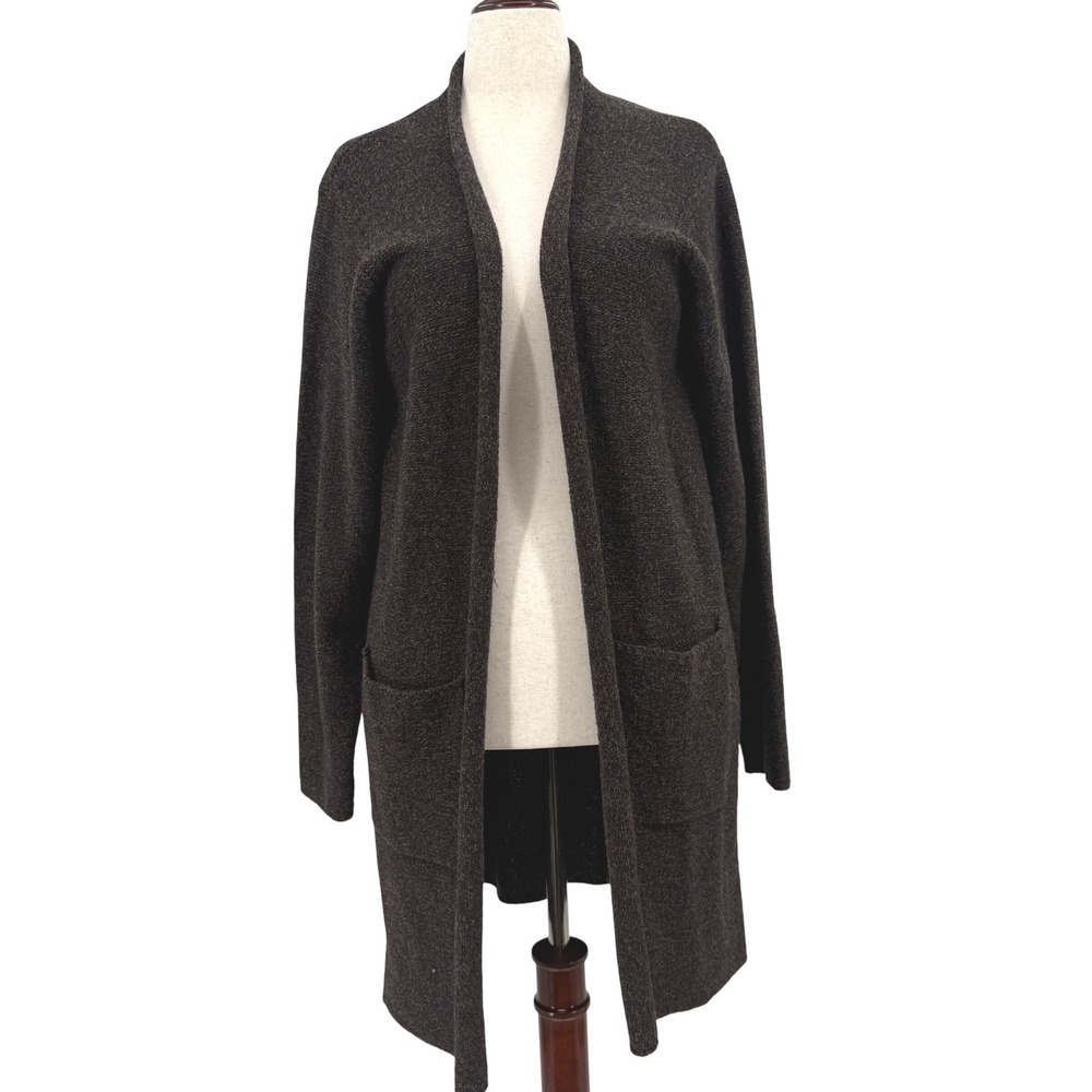 Eileen Fisher Dark Brown Black Speckled Knit Cardigan Sweater‎ 1X Italian Yarn